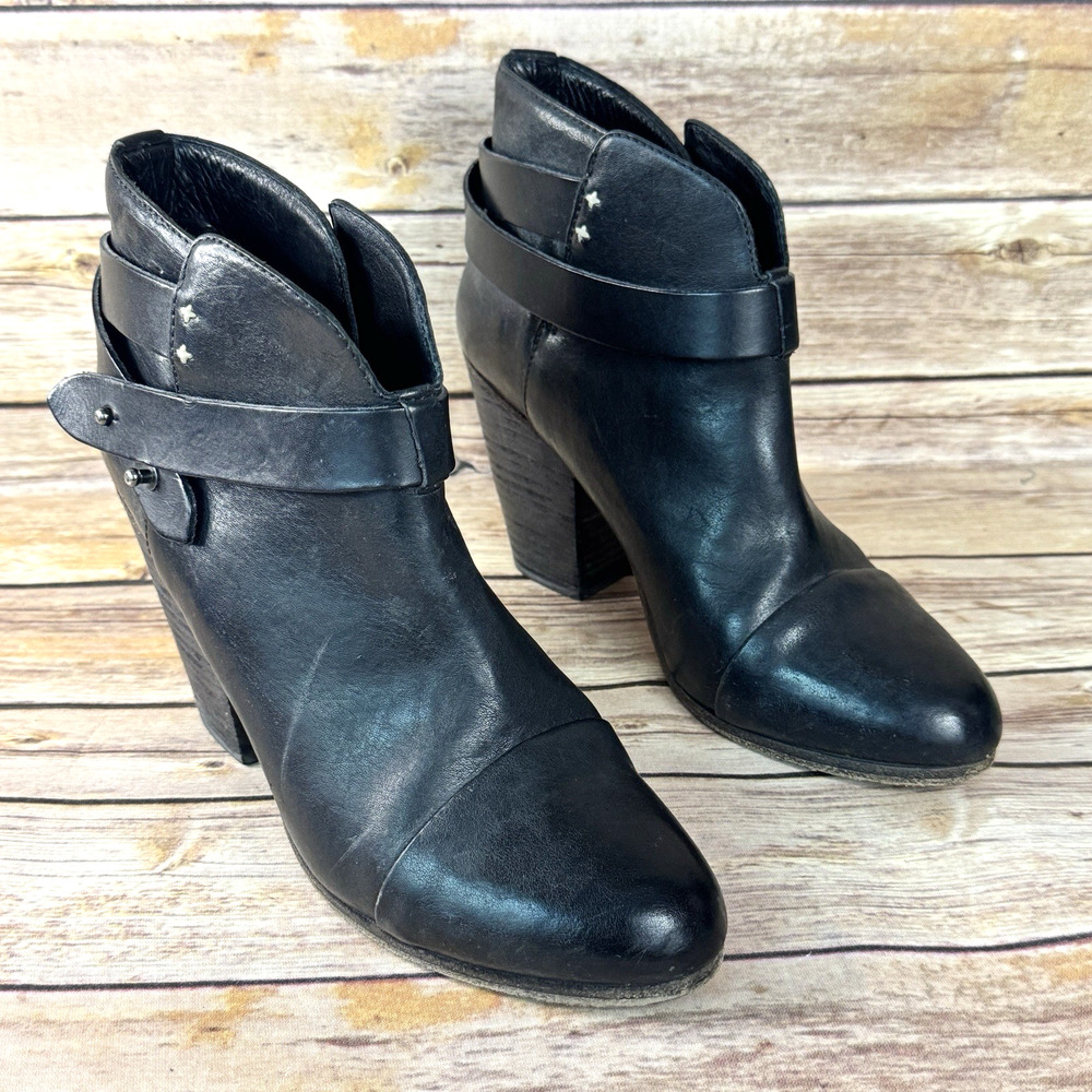 Rag & Bone Womens Black Leather Ankle Strap Stacked Block Heel Ankle Boots 8